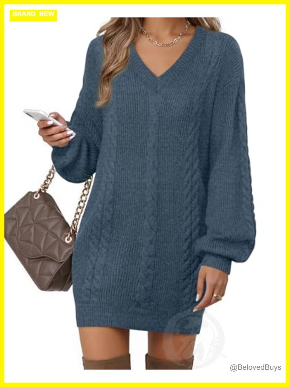 V Neck Lantern Sleeve Knit Mini Sweater Dress